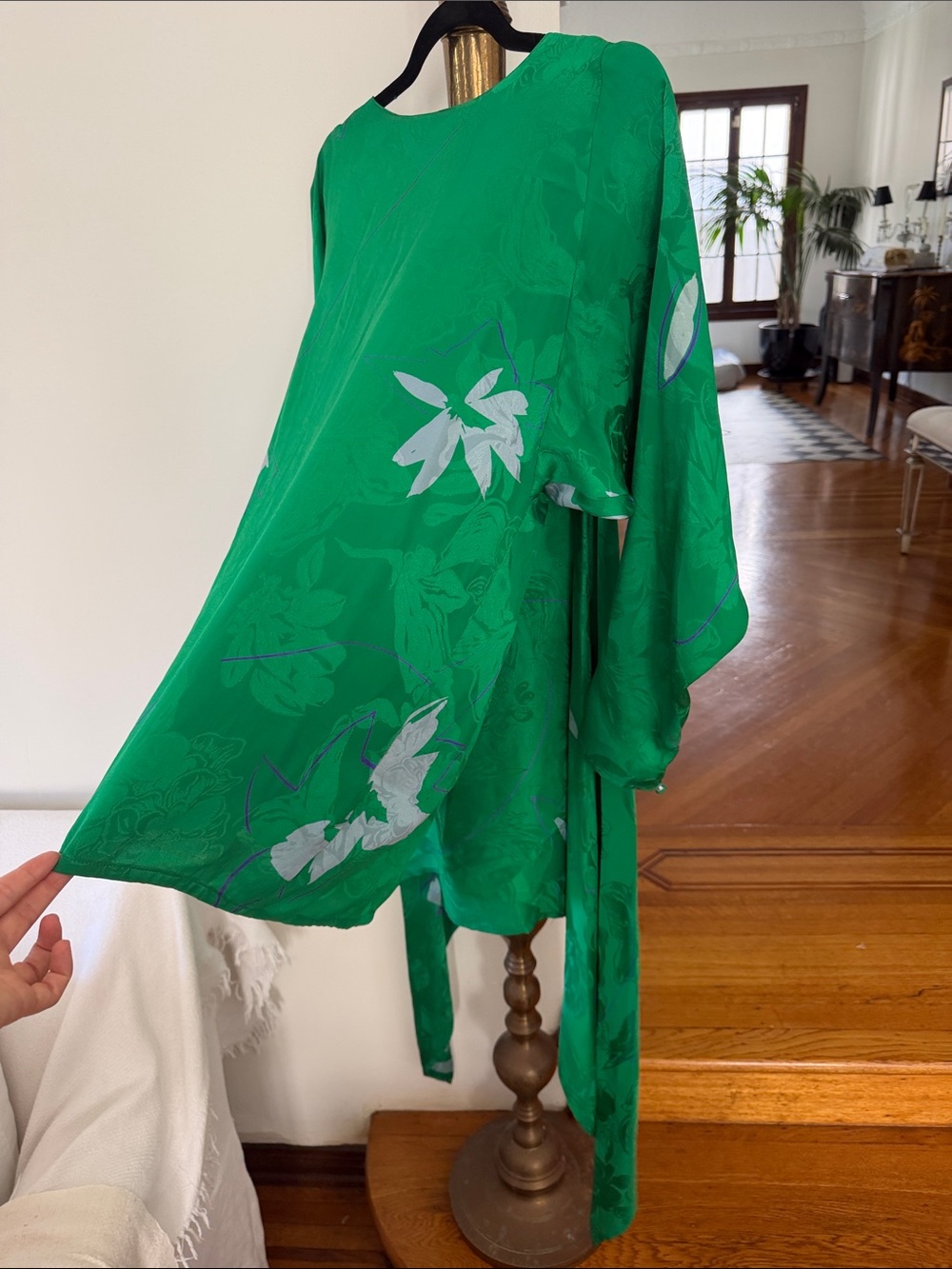Green Floral Satin Min Cape Dress